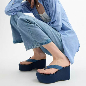 Sandales compensées en jean à bout ouvert pour femmes, grandes tailles 44, à talon haut, style mules ou claquettes, chaussures à plateforme à coupe large - Product Image 5