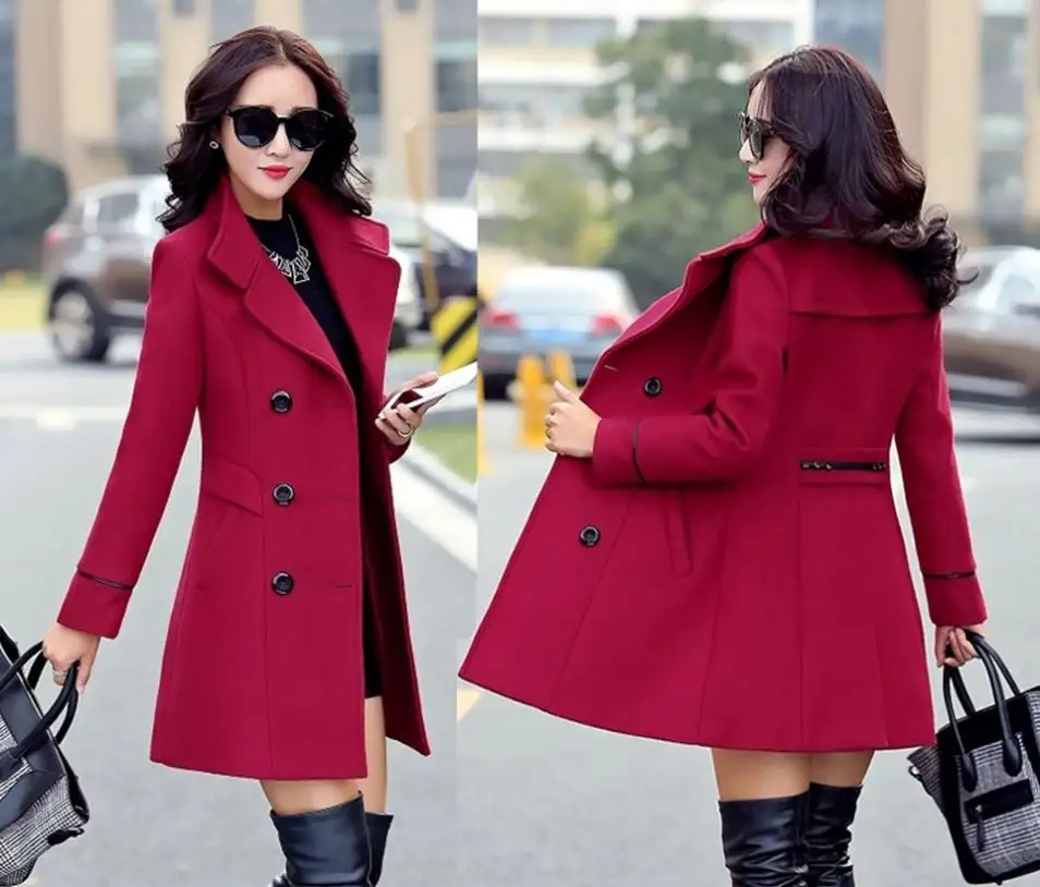 Coldker casaco feminino inverno, nova jaqueta de lã em cor sólida preto vermelho bege cáqui