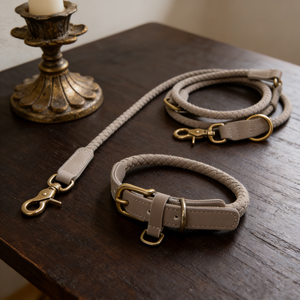 Collar y correa de perro mascota de cuero suave trenzado personalizado correa de perro de cuero nobuk ajustable de 2M con <span class=keywords><strong>2</strong></span> ganchos para todas las razas - Product Image 4
