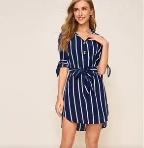 Half Sleeve Fashion Women's Blouses Shirts Dress Navy And White Stripe Ladies Shirt Dresses Women Casual With Belt