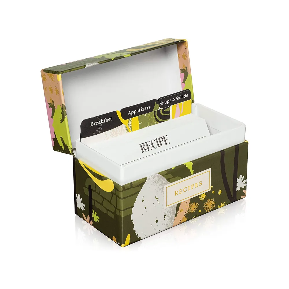 50 नुस्खा कार्ड बॉक्स के साथ सेट फूल प्रिंट काज बॉक्स नुस्खा कार्ड और 9 लेबल विभाजन (वसंत सूर्योदय)