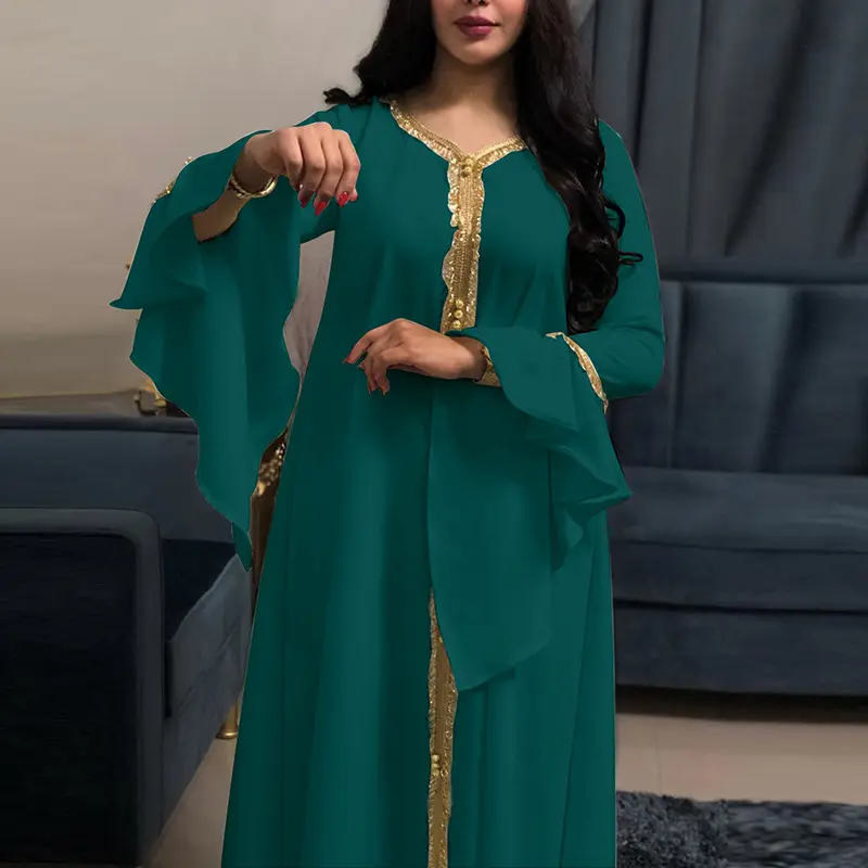 Muslimische Damen Rüschen lange Ärmel bestickt Gold Blume Kante Abaya muslimische Kleider islamische Kleidung Mittlerer Osten Jalabiya