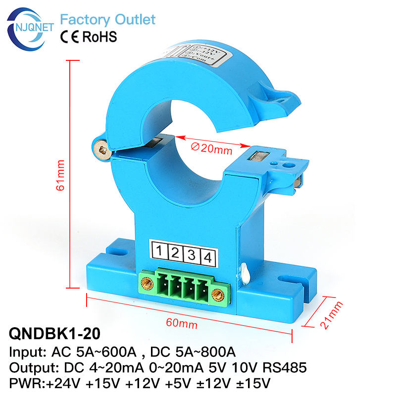 QNDBK1-20 Output RS485 Input AC DC 20A 30A 50A 100A 200A 500A Split Core Current Transducer Transformer Ct Hall Current Sensor