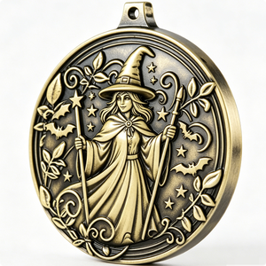 Medalla de Bruja de Latón Chapada en Oro con Diseño de Hada en Relieve para Decoraciones de Halloween - Product Image 3
