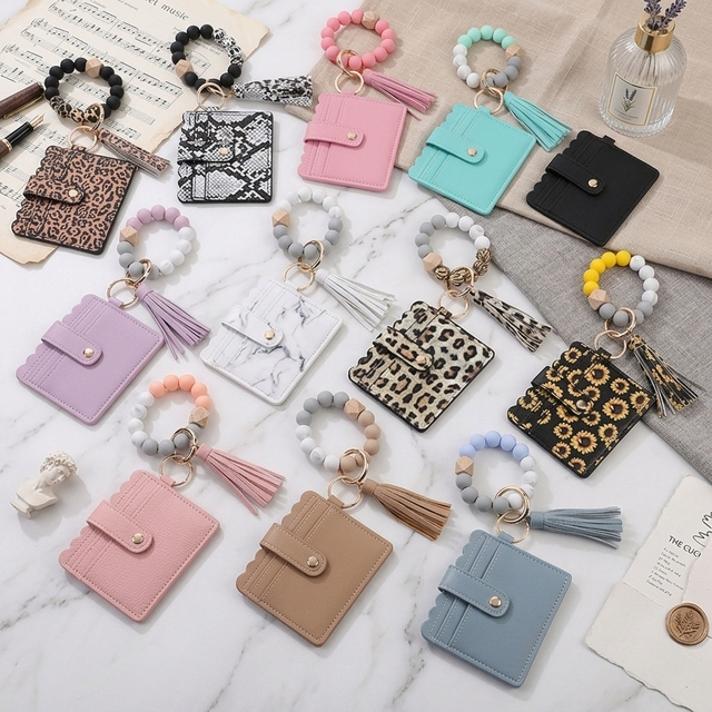 Leopard Print Silicone Bead Bracelet Card Holder Wristlet Wallet Leather Tassel Keychain with PU Tassel