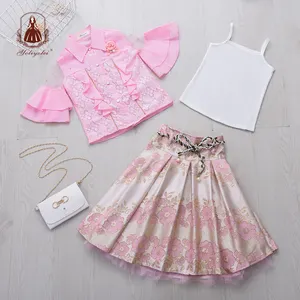 Yoliyolei 2020 夏季秋季 2 件粉红色上衣图案裙子少女套装与袋