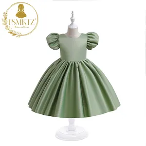FSMKTZ Simple Design Satin Kids Party Dress Elegant Formal Girls Dresses Daily Children Baby Girls Puff Sleeve Dresses