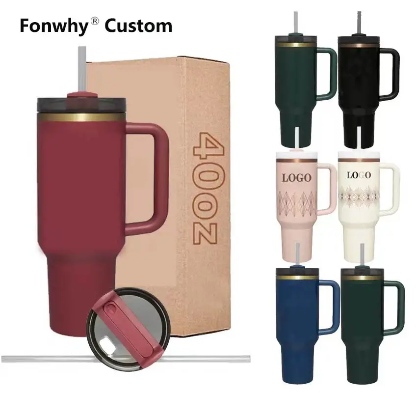 Fonwhy Custom Stainless insulated 40oz copper gilded cream powder coated traveling cups coffee mug tumblers handle straw