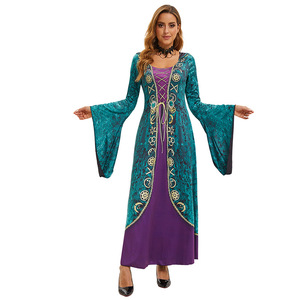 Vestido con Capucha Estilo Gitano para Mujer, Manga Larga con Volantes, Color Morado y Verde Azulado, Disfraz Elegante, Disfraz de Bruja para Halloween - Product Image 5