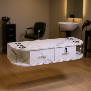 Station de coiffure murale en marbre blanc avec 5 supports pour sèche-cheveux, 2 tiroirs et une serrure pour salons de coiffure, spas, maisons et salles de bain. - Product Image 2