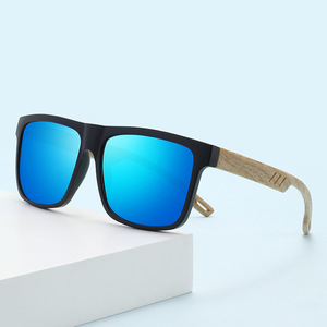 Cross Border Retro Imitation Bamboo Wood Sunglasses <b>Black</b> <b>Frame</b> Blue Lens UV400 Protection Unisex Style - Product Image 1