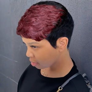 Peluca de Cabello Humano <span class=keywords><strong>Corto</strong></span> de 6 Pulgadas con Flequillo Rizado, Estilo Pixie, <span class=keywords><strong>Color</strong></span> Degradado 1B <span class=keywords><strong>Vino</strong></span> Tinto/Marrón - Product Image 4