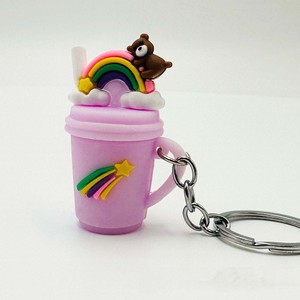Drôle mignon thé au lait porte-clés 3D PVC crème glacée porte-clés pendentif mode arc-en-ciel fraise crème glacée tasse lait thé porte-clés - Product Image 6