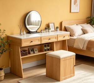 Premium Oak White Top Dressing Table Round <b>LED</b> <b>Mirror</b> Triple Drawer Open Compartment <b>Makeup</b> Vanity With Storage Stool - Product Image 2