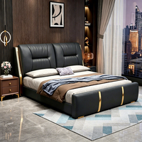 Lit plateforme moderne de luxe JUNYUHAO avec éclairage LED intégré, revêtement en cuir, mousse haute densité, cadre en pin, tailles Queen/King pour chambre à coucher