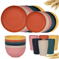 Ensemble de vaisselle en paille de blé multicolore 16 pièces, léger et réutilisable, avec assiette, bol et gobelet pour pique-nique en plein air, dîner en famille