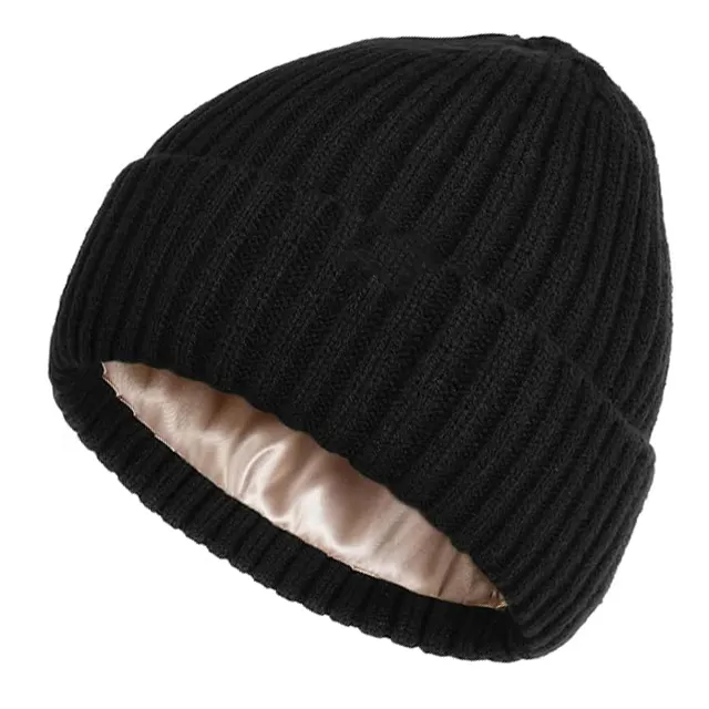 Bonnet d'hiver en tricot côtelé de conception OEM Bonnet unisexe vierge en satin doublé