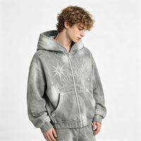 Hoodie Heavyweight Zip Up Acid Wash dengan Pola Bintang Berhias Rhinestone, Streetwear Oversized Distressed untuk Pria