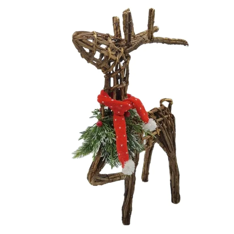 2022 Custom Rattan Deer Products Red Scarf Rattan Reindeer Christmas Deer Decoration For Indoor