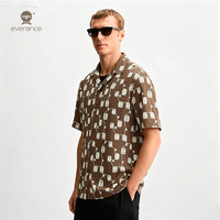 Chemise cubaine en lin pour homme Urban Lantern, 160 g/m², marron et blanc, motif géométrique, chemise de vacances