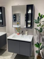 Set Meja Rias Kamar Mandi Minimalis Modern yang Dipasang di Dinding dengan Kabinet Cermin LED Pintar Abu-abu Tua, Lemari Penyimpanan, Wastafel Keramik untuk Hotel Villa