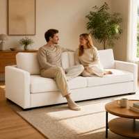 Canapé moderne trois places ultra long en velours blanc, accoudoirs bas, double coussin, modulaire, autoportant, pour salon et appartement, en mousse