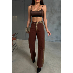 Pantalon palazzo en gabardine marron taille haute à jambes larges pour femme - Product Image 1