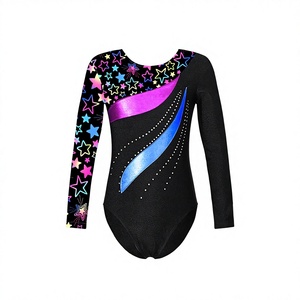 Justaucorps de gymnastique pour filles avec imprimé étoiles, body noir à manches longues et ensemble de leggings courts croisés, à porter en toutes saisons - Product Image 3