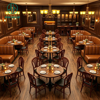 Ensemble commercial de mobilier de restaurant Ron Group : banquette en cuir à dossier haut, table ronde en bois massif et chaise rembourrée