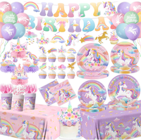 Ensemble de vaisselle et décorations pour fête d'anniversaire Licorne Arc-en-ciel : Assiettes, gobelets, serviettes, couverts, nappe, bannière, spirales, décorations de gâteau en nid d'abeille