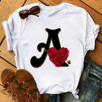 T-shirt imprimé alphabet anglais A B C D E pour femmes, nouveau t-shirt d'été pour couples, amoureux, t-shirt féminin Harajuku, décontracté, noir, tops, t-shirts