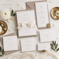 Ensemble d'invitations de mariage personnalisées minimalistes de luxe, carte ivoire avec nœud papillon, enveloppe taupe et RSVP assorti