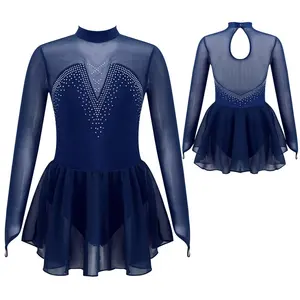 Mädchen Langarm Mesh Splice Figur Eislaufen Ballett Kleid Gymnastik Rock Trikot