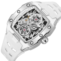 MEGIR 8602 Luxus-Herrenuhren mit Tonnenförmigem Gehäuse, Automatik-Skelett-Mechanik, Weißem Silikonarmband, Modische und Trendige Herrenuhr