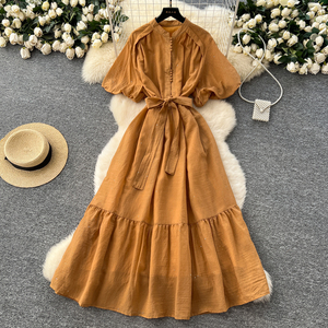 Ladies <strong>Clothes</strong> Stand Collar Puff Sleeve Tie-Waist <strong>Glitter</strong> Dress With Ruffle Hem - Women'S Sparkly Casual Women'S Dresses - Product Image 3