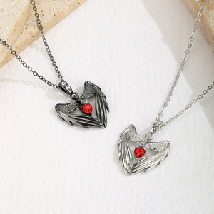 Angel <b>Wings</b> Heart Pendant Necklace Zinc Alloy <b>Black</b> Silver Color Claw Setting Themed Pendants Gift Occasion - Product Image 1