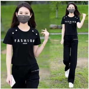 Women's Gray Casual Two-Piece Set Short Sleeve Top Straight Leg Pants Polyester Knitted Sportswear Summer Outfit - Product Image 2