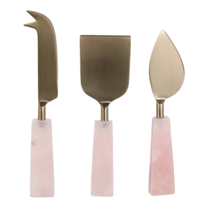 Set di utensili per formaggio con manici in quarzo rosa e lame in ottone per servire e preparare. - Product Image 4