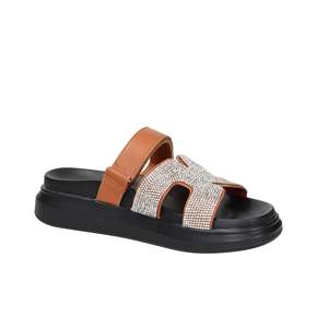 Sandales plates en cuir pour femmes avec sangle en strass, semelle plateforme noire - Product Image 6