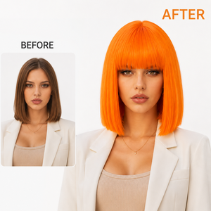 Perruque synthétique courte et droite, couleur <span class=keywords><strong>orange</strong></span> néon vif, avec frange, résistante à <span class=keywords><strong>la</strong></span> chaleur, pour fête, cosplay, mode, prix d'usine - Product Image 2
