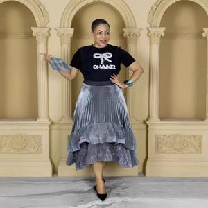 Lente Cross-border Frans driedimensionaal reliëf T-shirt + Flash Gold geplooide volant rok met pofmouwen, enkellange, grote maat - Product Image 4