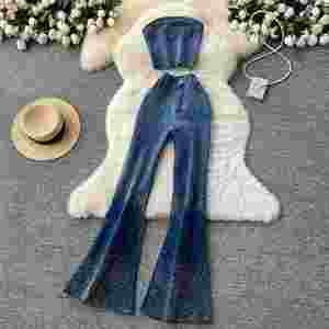 Ensemble 2 pièces d'été pour femme : Haut bustier vintage uni en tissu tissé et pantalon en jean taille haute, respirant et infroissable - Product Image 1