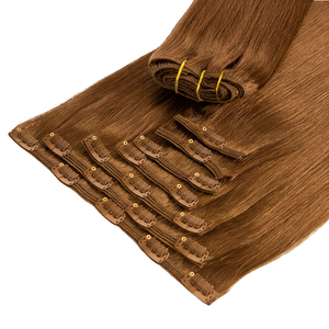 Extensions de cheveux Remy lisses et soyeuses, trame simple, couleur marron, extensions de cheveux humains à clipser - Product Image 1