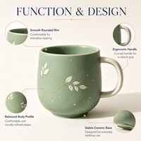 Taza de Café de Cerámica con Diseño Kintsugi Verde Salvia y Vetas Doradas, Pintada a Mano, con Hojas Blancas, para Hogar, Oficina o Regalo, Venta al Por Mayor