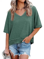 HOHI T-shirt décontracté pour femme, col en V, manches courtes, couleur unie, design à empiècements, respirant, séchage rapide, en coton tricoté, collection printemps-été