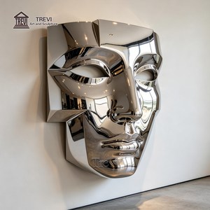 Sculpture murale en acier inoxydable 304 poli miroir TREVI en forme de masque |   Décoration moderne pour l'extérieur et l'intérieur, hôtel, hall et villa - Product Image 6