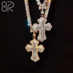 Wholesale VVS Moissanite Diamond Cross Pendant Iced Out Baguette Cut 925 Silver Jesus Pendant Charm For Men Women