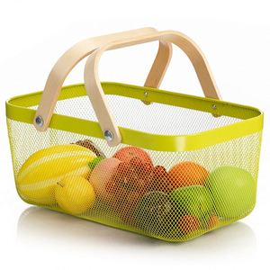 Kitchen <b>Bath</b> Toy Organizermetal Metal Wire Mesh Fruit <b>Storage</b> Basket With Wooden Handle - Product Image 3