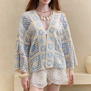 Cárdigan de Punto Holgado con Hombros Caídos y Cuello en V con Patrón Geométrico de Crochet para <span class=keywords><strong>Mujer</strong></span>, Estilo Boho para Vacaciones en la Playa - Product Image 5