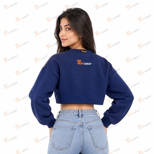 Tiierwear <b>Women's</b> Cropped Crew Neck Sweatshirt Solid <b>Navy</b> <b>Blue</b> Full Sleeve Casual Knitted Cotton <b>Top</b> Front Logo Print Autumn - Product Image 6